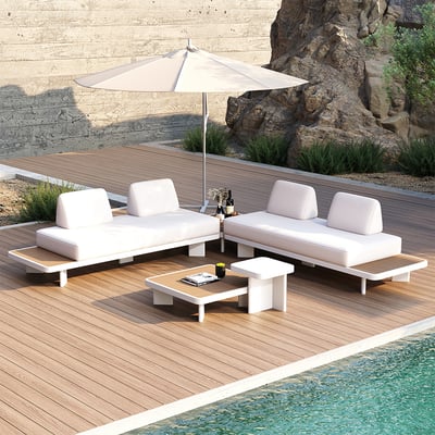 5 Pieces Modern L Shape Outdoor Sectional Sofa Set with Coffee Table in White & Brown